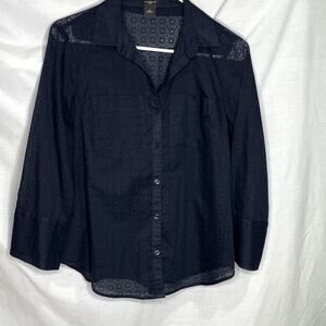 Ann Taylor Petite Navy Blue Sheer Button Down Shirt 4P